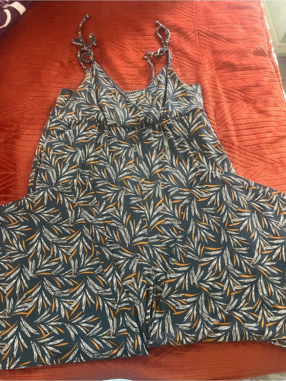 LOFT Navy Leaf-Print One-Piece Romper with Cream and Tan Leaves